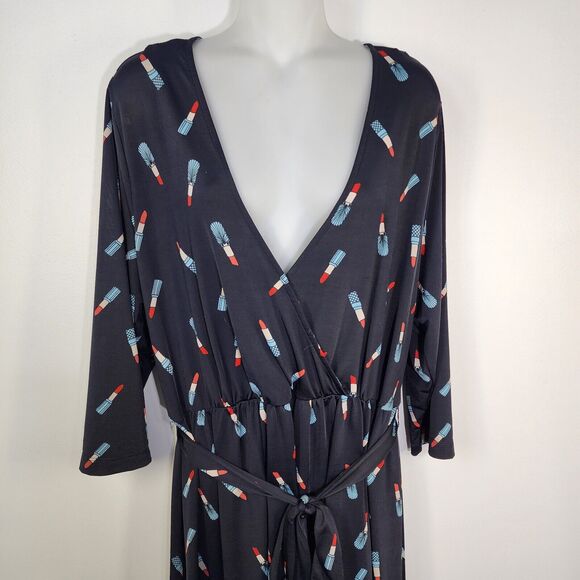Forever 21 Plus Womens Dress 3X Black Lipstick Faux Wrap 3/4 Sleeve Fit N Flare - Picture 3 of 11